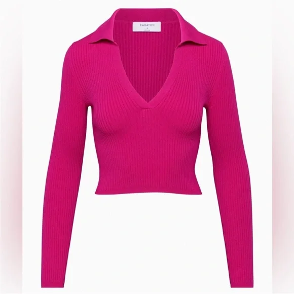 Babaton | S | Sculpt Knit Polo Longsleeve in Fushia - Picture 1 of 7